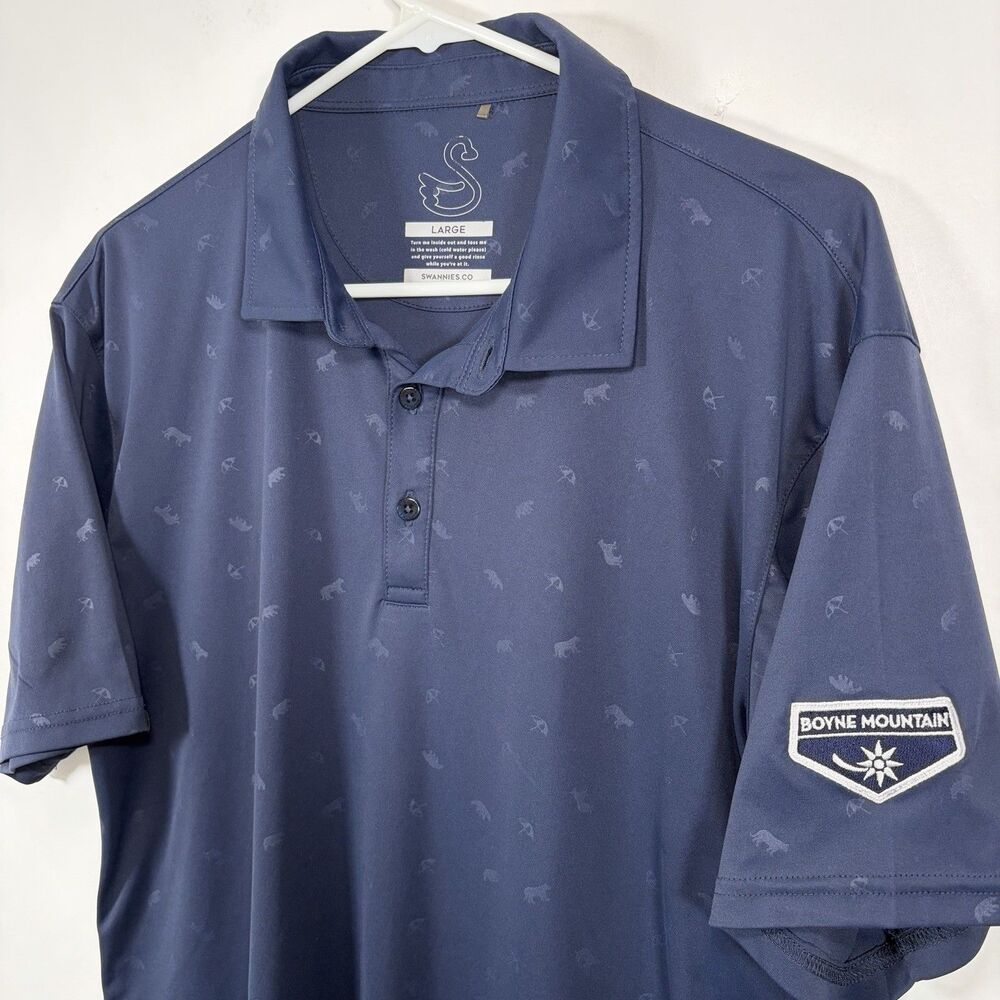 Swannies Boyne Mountain Golf Polo Shirt Mens Large Navy Animal AOP Performance